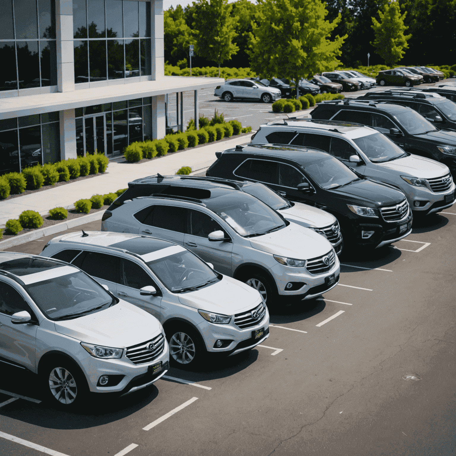 A diverse lineup of rental cars, ranging from compact cars to SUVs and luxury vehicles, parked in a row at a car rental facility