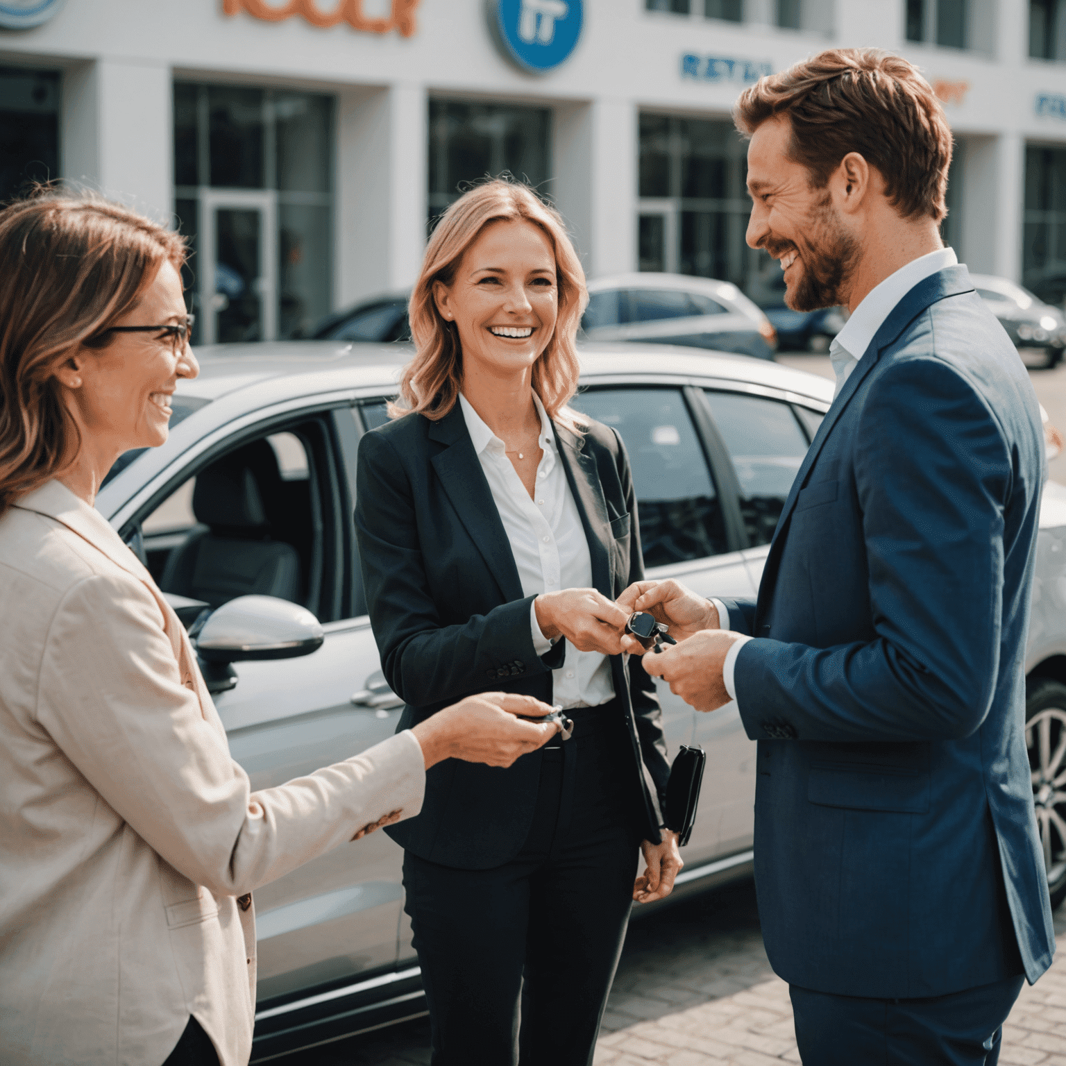 A person happily receiving keys to a rental car from a smiling agent, with various car models in the background