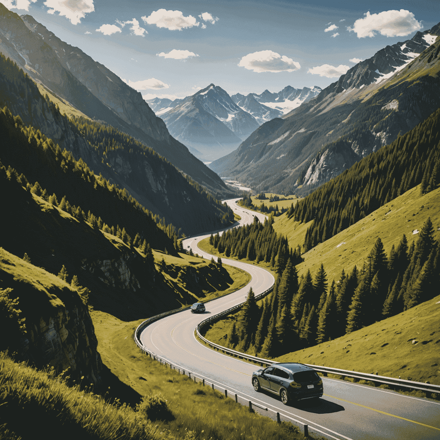 A scenic road winding through mountains with a rental car driving on it, showcasing the adventure of a road trip