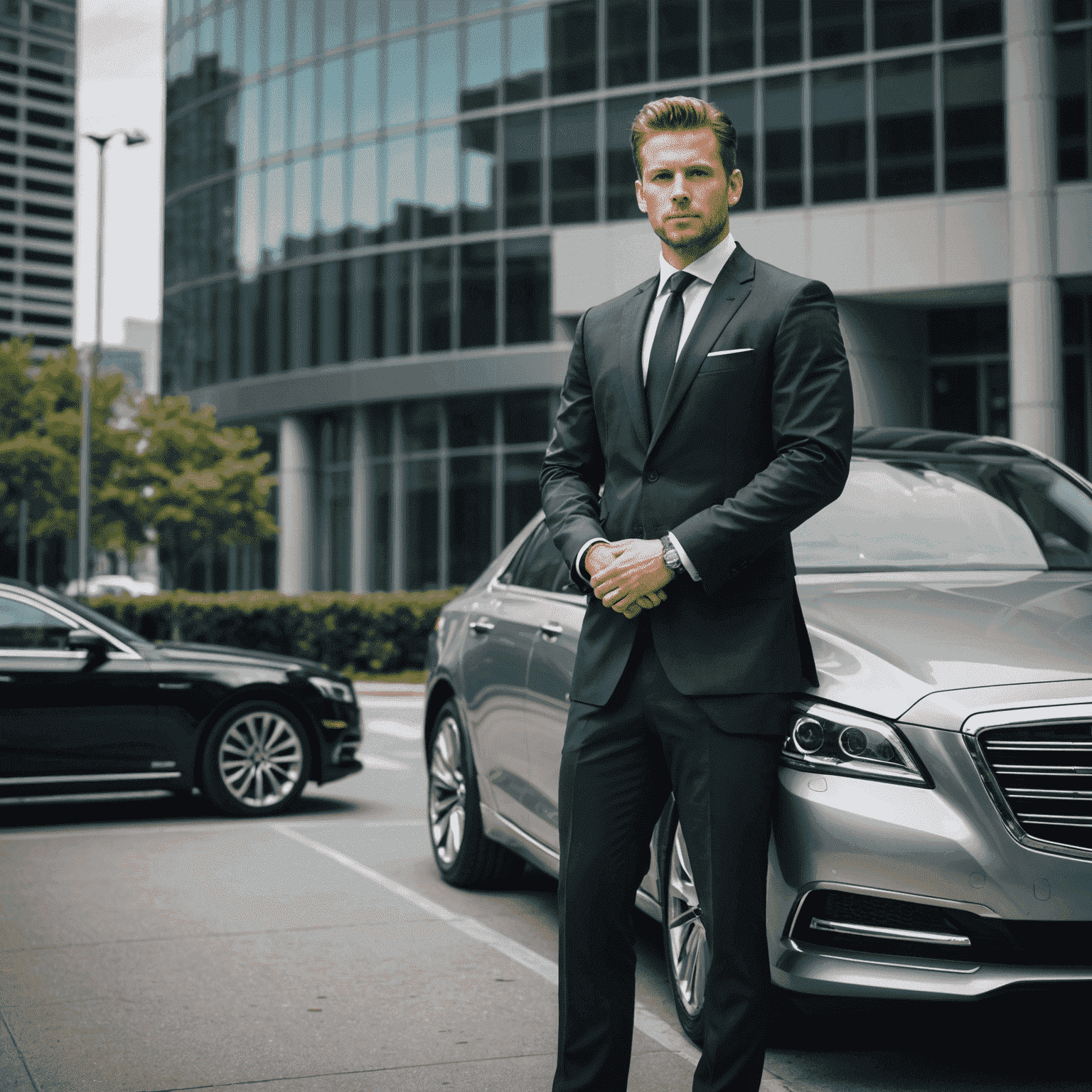 A businessperson in a suit standing next to a sleek, luxury sedan in front of a modern office building. The car reflects professionalism and style.