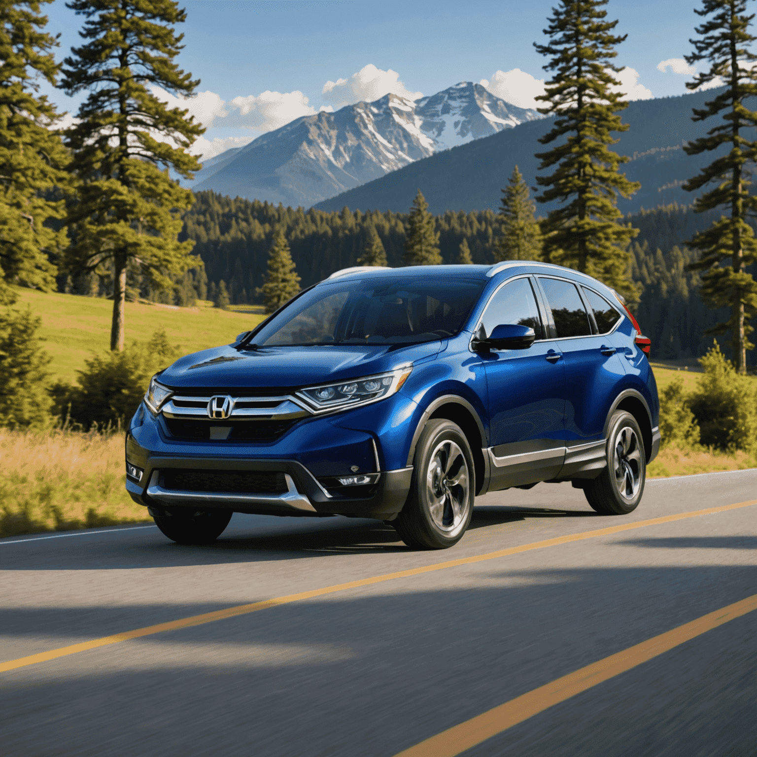 Honda CR-V SUV in deep blue color, highlighting its compact yet spacious design suitable for family road trips