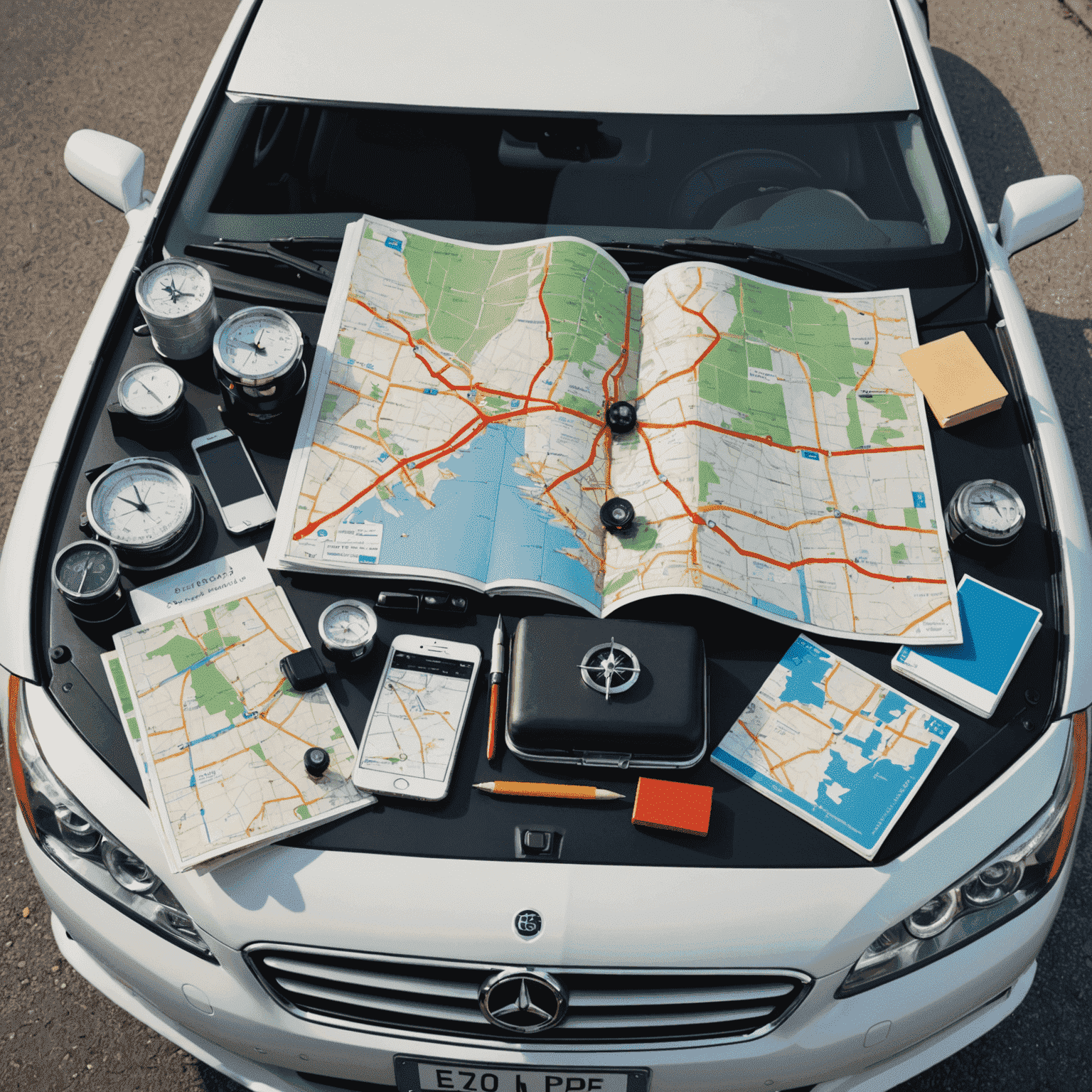 A map spread out on a car hood with a route marked, surrounded by travel planning items like a compass and guidebook