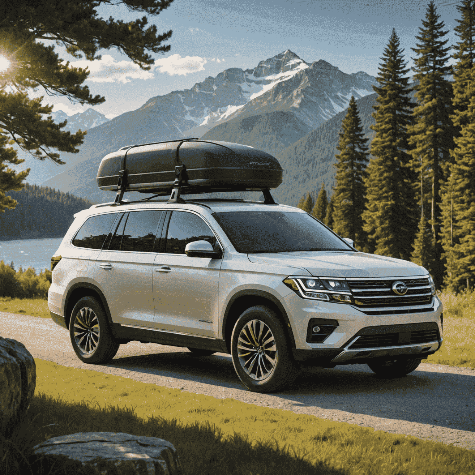 A spacious SUV with a family loading luggage, perfect for road trips. The car has a roof rack and is parked in a scenic area, suggesting adventure and comfort.