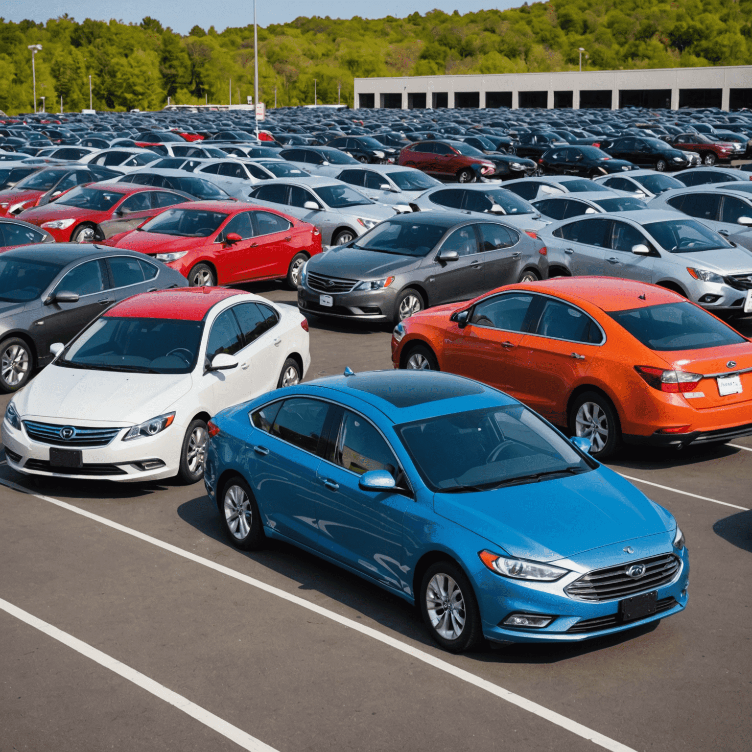 A diverse lineup of rental cars including sedans, SUVs, and compact cars in various colors, parked in a row at a car rental facility.