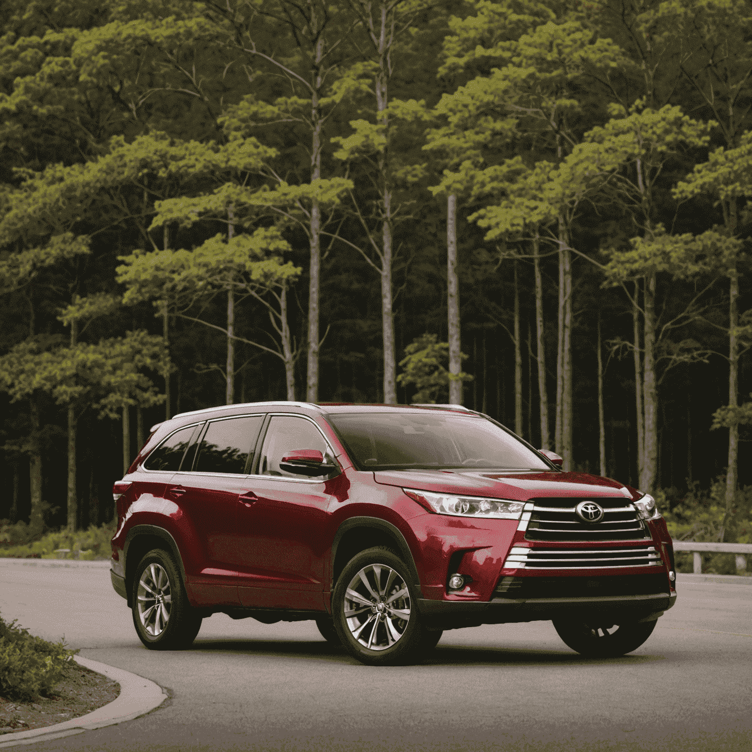 Toyota Highlander SUV in metallic red, showcasing its robust build and three-row seating capacity ideal for larger families