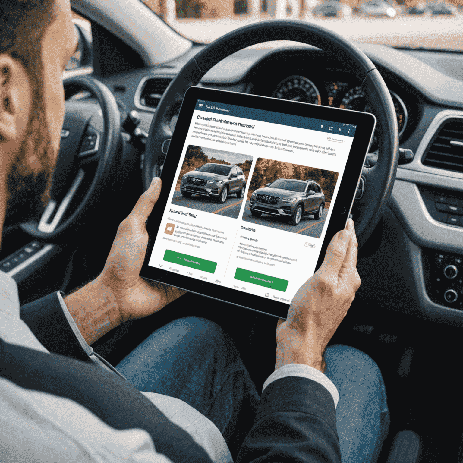 A person using a tablet to compare rental car options and read reviews online