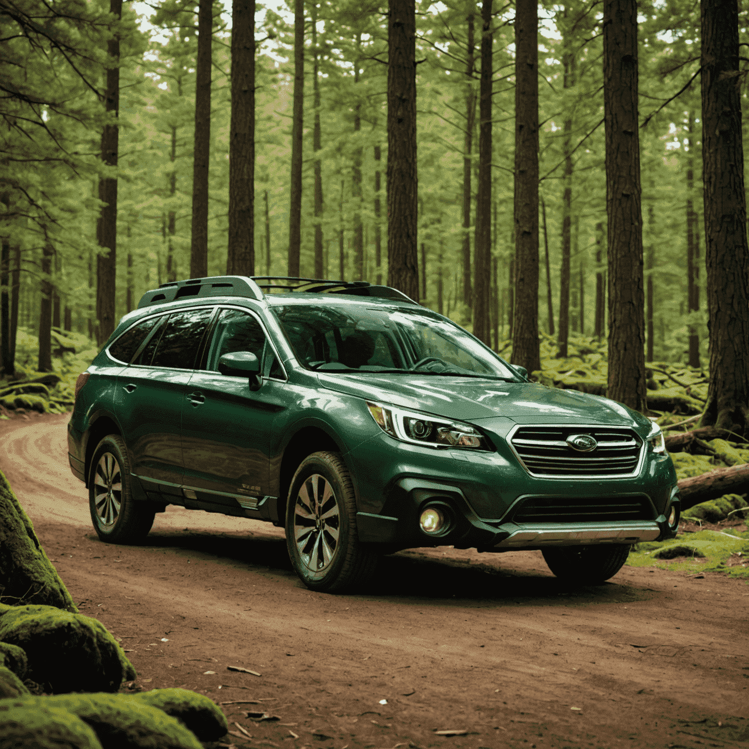 Subaru Outback wagon in forest green, emphasizing its all-wheel drive capability and rugged design perfect for adventurous family trips